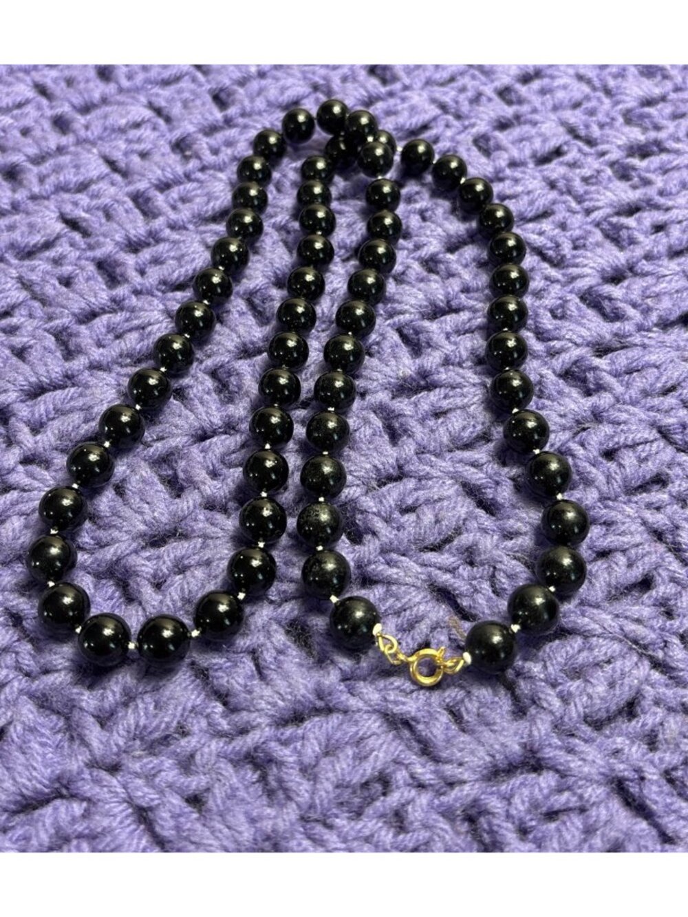 Vintage Black Plastic Beaded Necklace Goldtone Spring Ring Clasp 29 inches Long